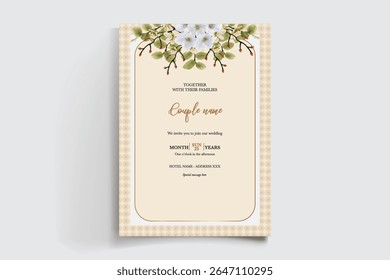 WEDDING INVITATION FRAME WITH FLOWER DECORATIONS AND FRESH LEAVES
