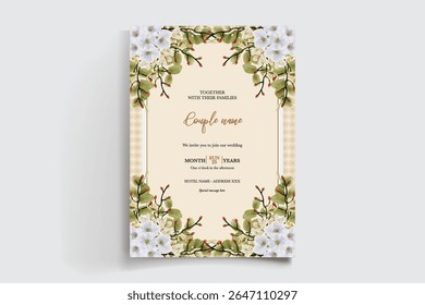 WEDDING INVITATION FRAME WITH FLOWER DECORATIONS AND FRESH LEAVES