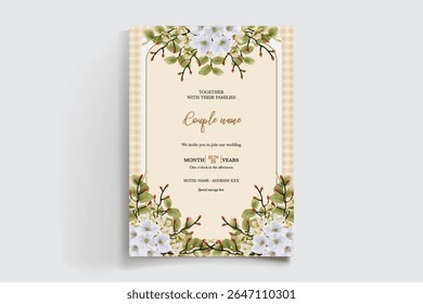 HOCHZEITSEINLADUNGSRAHMEN MIT BLUMENDEKORATIONEN UND FRISCHEN BLÄTTERN