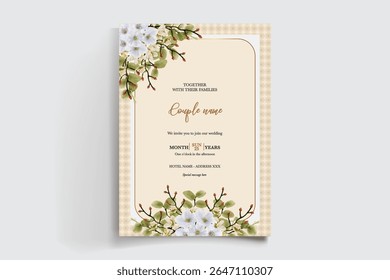 WEDDING INVITATION FRAME WITH FLOWER DECORATIONS AND FRESH LEAVES