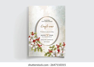 WEDDING INVITATION FRAME WITH FLOWER DECORATIONS AND FRESH LEAVES