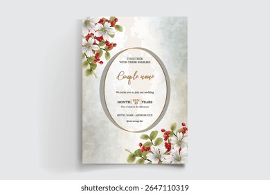 WEDDING INVITATION FRAME WITH FLOWER DECORATIONS AND FRESH LEAVES