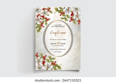 WEDDING INVITATION FRAME WITH FLOWER DECORATIONS AND FRESH LEAVES