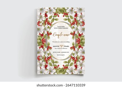 MARCO DE INVITACIÓN DE BODA CON DECORACIONES FLORALES Y HOJAS FRESCAS