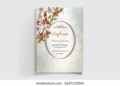 WEDDING INVITATION FRAME WITH FLOWER DECORATIONS AND FRESH LEAVES
