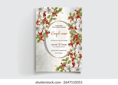 WEDDING INVITATION FRAME WITH FLOWER DECORATIONS AND FRESH LEAVES