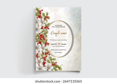 QUADRO DE CONVITE DE CASAMENTO COM DECORAÇÕES DE FLORES E FOLHAS FRESCAS