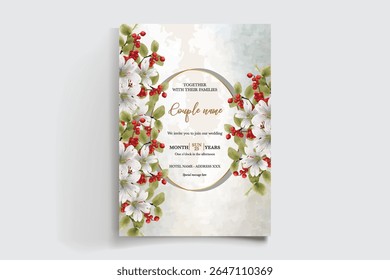 WEDDING INVITATION FRAME WITH FLOWER DECORATIONS AND FRESH LEAVES