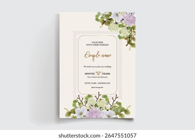 WEDDING INVITATION FRAME WITH FLOWER DECORATIONS AND FRESH LEAVES