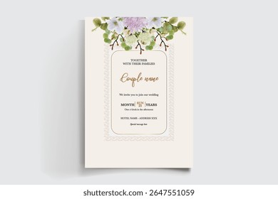 WEDDING INVITATION FRAME WITH FLOWER DECORATIONS AND FRESH LEAVES