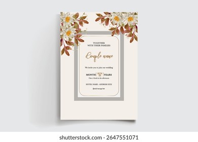 WEDDING INVITATION FRAME WITH FLOWER DECORATIONS AND FRESH LEAVES