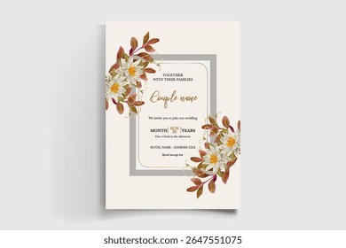 WEDDING INVITATION FRAME WITH FLOWER DECORATIONS AND FRESH LEAVES
