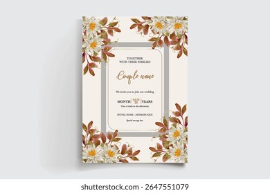 WEDDING INVITATION FRAME WITH FLOWER DECORATIONS AND FRESH LEAVES