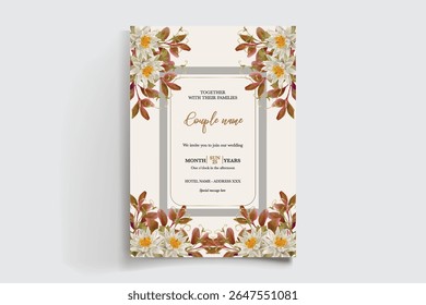 WEDDING INVITATION FRAME WITH FLOWER DECORATIONS AND FRESH LEAVES
