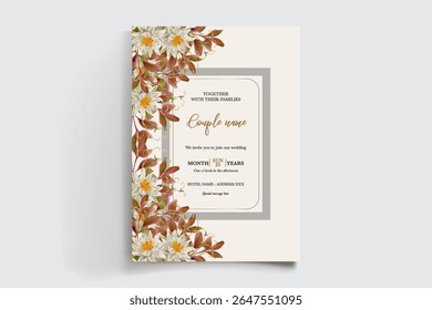 WEDDING INVITATION FRAME WITH FLOWER DECORATIONS AND FRESH LEAVES