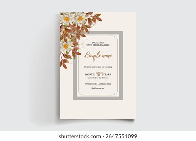 WEDDING INVITATION FRAME WITH FLOWER DECORATIONS AND FRESH LEAVES