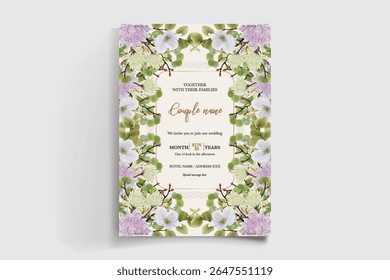 MARCO DE INVITACIÓN DE BODA CON DECORACIONES FLORALES Y HOJAS FRESCAS