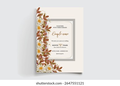 QUADRO DE CONVITE DE CASAMENTO COM DECORAÇÕES DE FLORES E FOLHAS FRESCAS