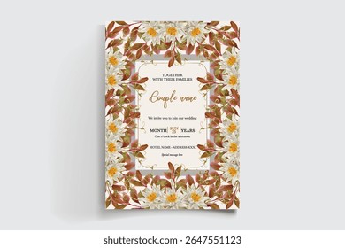WEDDING INVITATION FRAME WITH FLOWER DECORATIONS AND FRESH LEAVES