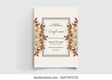 WEDDING INVITATION FRAME WITH FLOWER DECORATIONS AND FRESH LEAVES