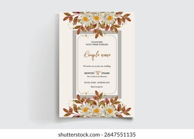 WEDDING INVITATION FRAME WITH FLOWER DECORATIONS AND FRESH LEAVES
