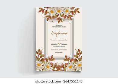 WEDDING INVITATION FRAME WITH FLOWER DECORATIONS AND FRESH LEAVES