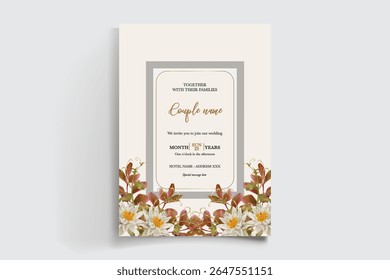 WEDDING INVITATION FRAME WITH FLOWER DECORATIONS AND FRESH LEAVES