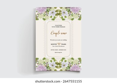 WEDDING INVITATION FRAME WITH FLOWER DECORATIONS AND FRESH LEAVES