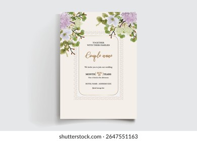 WEDDING INVITATION FRAME WITH FLOWER DECORATIONS AND FRESH LEAVES