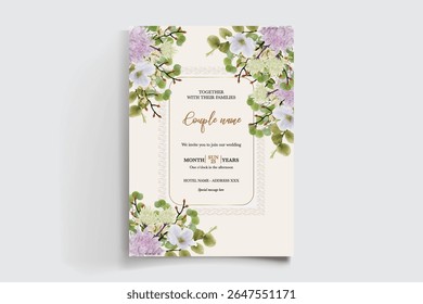 WEDDING INVITATION FRAME WITH FLOWER DECORATIONS AND FRESH LEAVES