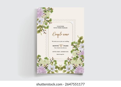 MARCO DE INVITACIÓN DE BODA CON DECORACIONES FLORALES Y HOJAS FRESCAS