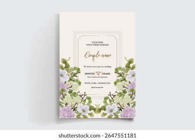 WEDDING INVITATION FRAME WITH FLOWER DECORATIONS AND FRESH LEAVES