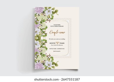 WEDDING INVITATION FRAME WITH FLOWER DECORATIONS AND FRESH LEAVES