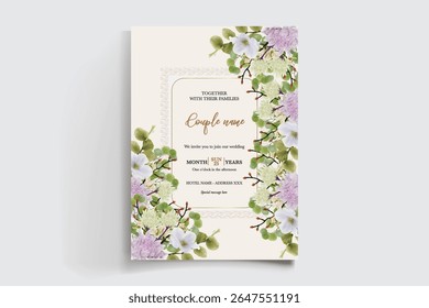 WEDDING INVITATION FRAME WITH FLOWER DECORATIONS AND FRESH LEAVES