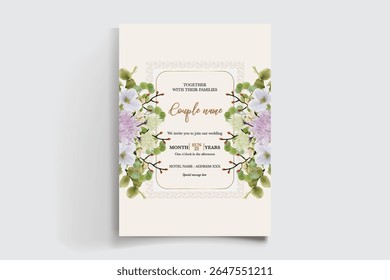 WEDDING INVITATION FRAME WITH FLOWER DECORATIONS AND FRESH LEAVES