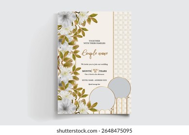 WEDDING INVITATION FRAME WITH FLOWER DECORATIONS AND FRESH LEAVES