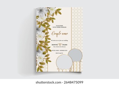 WEDDING INVITATION FRAME WITH FLOWER DECORATIONS AND FRESH LEAVES