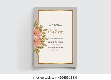 WEDDING INVITATION FRAME WITH FLOWER DECORATIONS AND FRESH LEAVES
