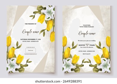 HOCHZEITSEINLADUNGSRAHMEN MIT BLUMENDEKORATIONEN UND FRISCHEN BLÄTTERN