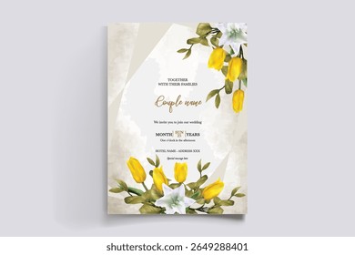 WEDDING INVITATION FRAME WITH FLOWER DECORATIONS AND FRESH LEAVES
