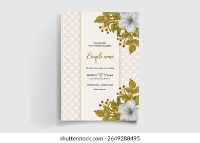 WEDDING INVITATION FRAME WITH FLOWER DECORATIONS AND FRESH LEAVES