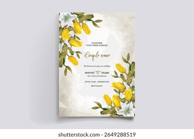 HOCHZEITSEINLADUNGSRAHMEN MIT BLUMENDEKORATIONEN UND FRISCHEN BLÄTTERN