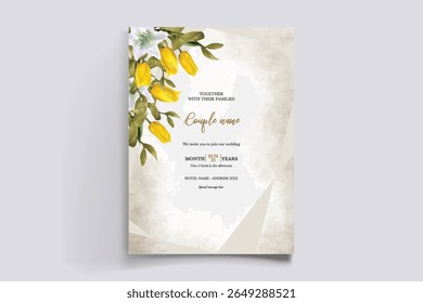 WEDDING INVITATION FRAME WITH FLOWER DECORATIONS AND FRESH LEAVES