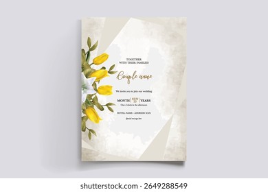 WEDDING INVITATION FRAME WITH FLOWER DECORATIONS AND FRESH LEAVES