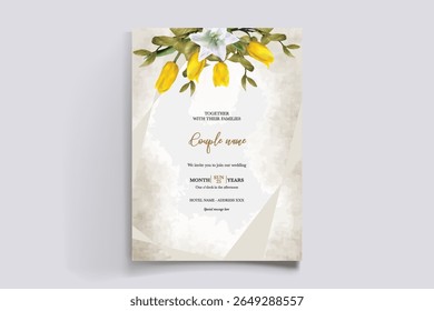 WEDDING INVITATION FRAME WITH FLOWER DECORATIONS AND FRESH LEAVES