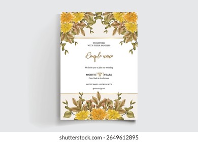 HOCHZEITSEINLADUNGSRAHMEN MIT BLUMENDEKORATIONEN UND FRISCHEN BLÄTTERN