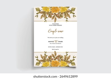 HOCHZEITSEINLADUNGSRAHMEN MIT BLUMENDEKORATIONEN UND FRISCHEN BLÄTTERN