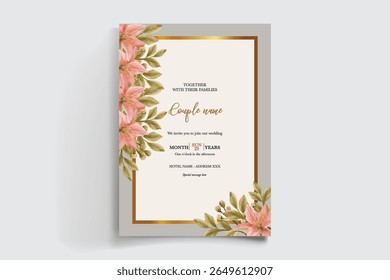 WEDDING INVITATION FRAME WITH FLOWER DECORATIONS AND FRESH LEAVES