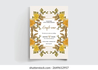 MARCO DE INVITACIÓN DE BODA CON DECORACIONES FLORALES Y HOJAS FRESCAS