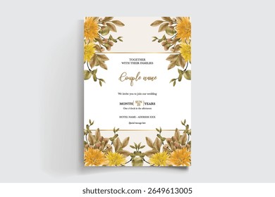 WEDDING INVITATION FRAME WITH FLOWER DECORATIONS AND FRESH LEAVES